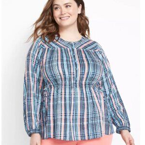 LANE BRYANT Button-Front Cinched Waist Detail Blouse Size 14/16 Plaid EUC